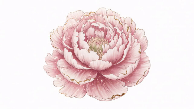 Pink peony flower, floral illustration, gold accents, botanical art