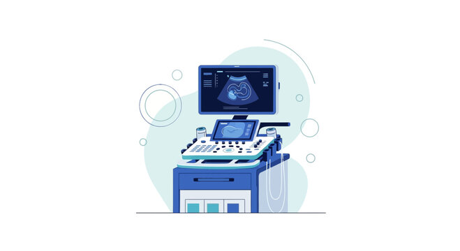 Medical ultrasound machine with screen displaying fetal scan, modern healthcare technology concept