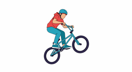 Fototapeta premium Person in helmet riding a BMX bike on its back wheel