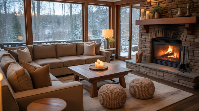 Cozy living room, warm beige interior, fireplace, snug home decor, winter atmosphere