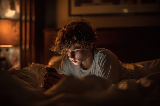 Teenager alone in bed scrolling on phone in dim light, feeling isolated