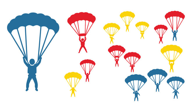 Group of Colorful Parachutists Vector Icons Set