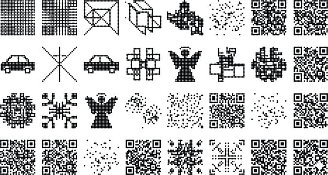 Black and white qr code patterns and symbols, including cars and abstract