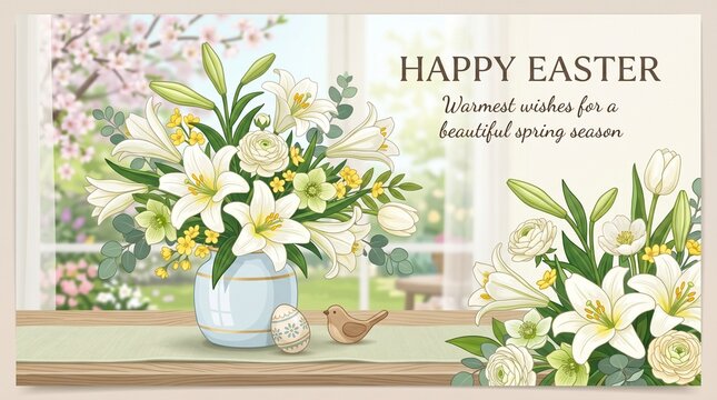 Easter lily floral arrangement, spring season decoration, vector illustration, soft shadows, modern greeting card design