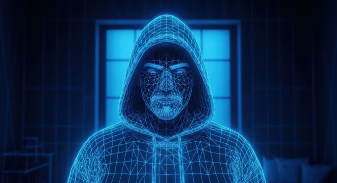 Pixel art hacker in a hoodie looking at computer screen illustration