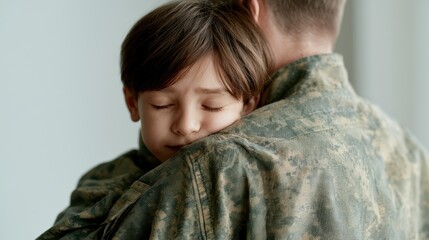 Obraz premium Military parent hugging child during emotional reunion at home, warm family connection moment