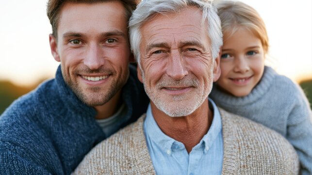 Senior man with son and granddaughter smiling outdoors, multi-generational family portrait, golden hour light
