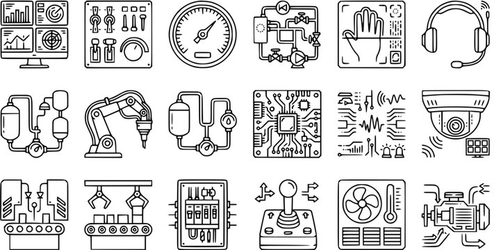 Industrial Technology Line Icons: Automation, Robotics, Monitoring, Control Systems, Manufacturing Equipment
