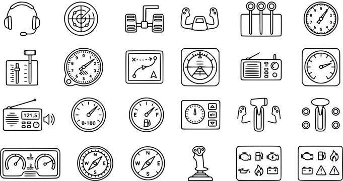 Aviation Equipment Icons: Line Art Set of Cockpit Instruments, Controls, and Navigation Tools