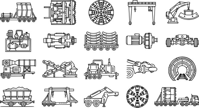 Black and White Line Art Icons of Tunnel Boring Machine, Construction Equipment and Heavy Industry Vehicles