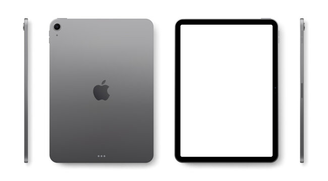 Photorealistic detailed Apple iPad Air M4 11 inches 2026 Space Grey mockup.  Real dimentions. Front, rear and side views isolated on white background with shadows. Vector editorial illustration