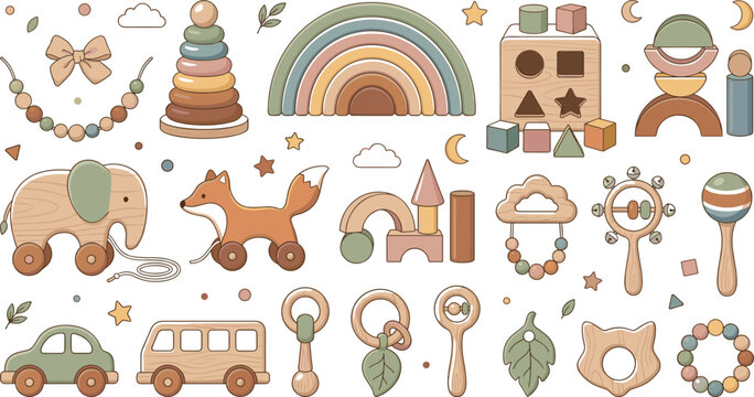 Nursery Eco Friendly Wooden Toy Vector Set Featuring Montessori Rainbow Stacker Pull Along Animal Toys and Natural Wood Rattles for Sustainable Baby Branding