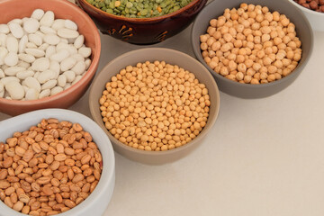 Obraz premium Protein products for vegetarians. Top view. Soy and other nutrients in bowl. Various vegetarian organic products.