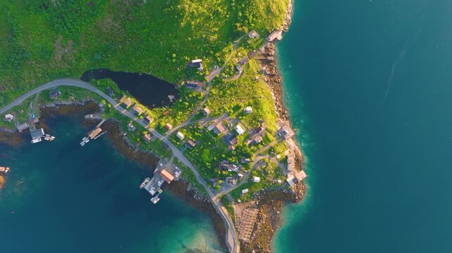Aerial drone view of Reine and Hamnoy villages, Lofoten islands, Norway. Scenic summer video with houses, islands and ocean. Scenic view. Travel and arctic nature in Scandinavia.