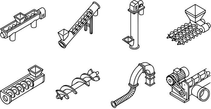 Industrial Material Handling Equipment Line Art Icons. Isometric Outline Set Featuring Screw Conveyors, Augers, and Elevators for Manufacturing  Agriculture.