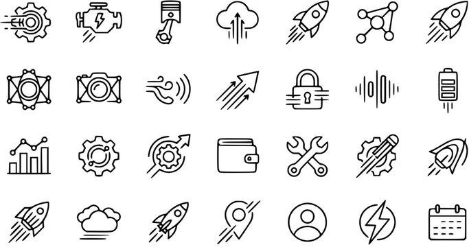 Modern Technology Business Line Art Icons Set. Outline Symbols for Web, App Development, Startup, Automotive, Finance, and Innovation Concepts.