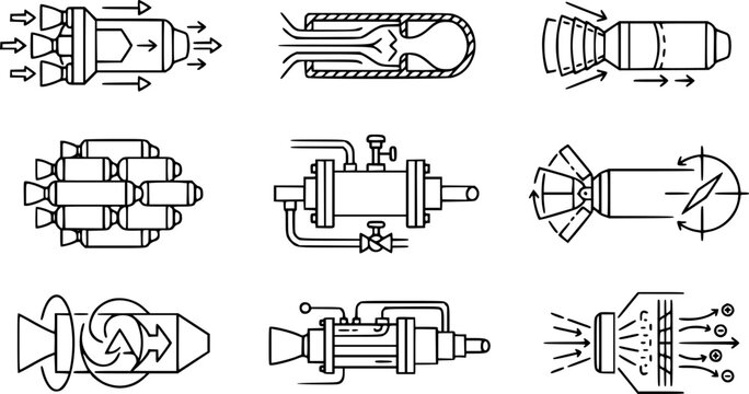 Aerospace Propulsion Systems Line Art Icons. Set of outline illustrations for rocket engines, spacecraft components, and advanced propulsion technologies.