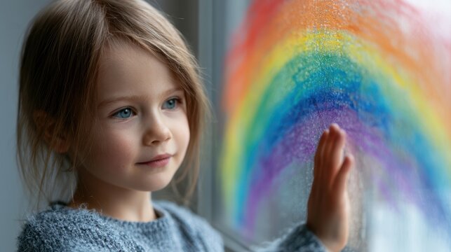 Child drawing rainbow message on apartment window during isolation period