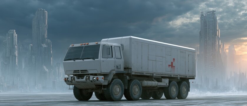 Fictional humanitarian convoy entering damaged futuristic city after regional conflict, dramatic skies