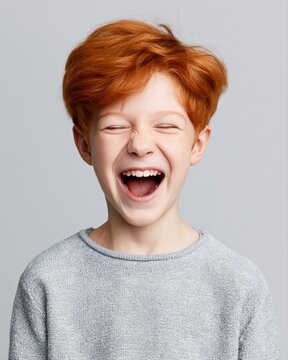 Laughing redhead boy making funny face isolated on neutral background