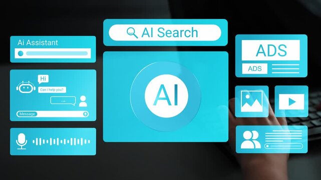 Modern Digital Interface Featuring AI Assistant, Search Function, and Information Panels in Vibrant Blue Shades for Technology and Futuristic Concepts Gluon.