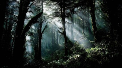 Fototapeta premium Misty morning light filtering through dense forest trees creating ethereal sunbeams illuminating a natural woodland path