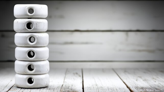 A stack of white ceramic objects with circular holes.