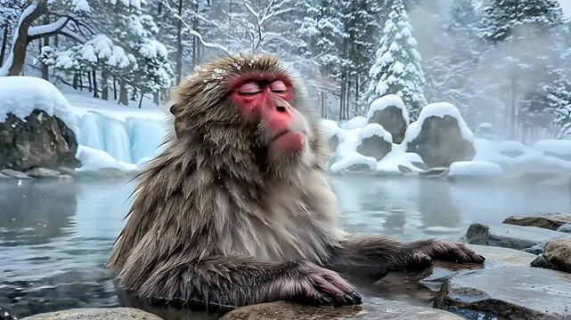 Japanese Macaque snow monkey relaxing in a steaming natural hot spring during winter. The primate sits amidst falling snow and icy rocks. Concept of wildlife survival and serene natural wellness.