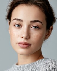 Fototapeta premium Beautiful young woman looking directly at camera, clean natural beauty portrait with soft shadows