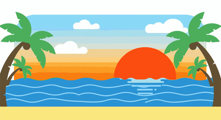 Fototapeta premium A vibrant cartoon beach scene with a setting sun, palm trees, and ocean waves