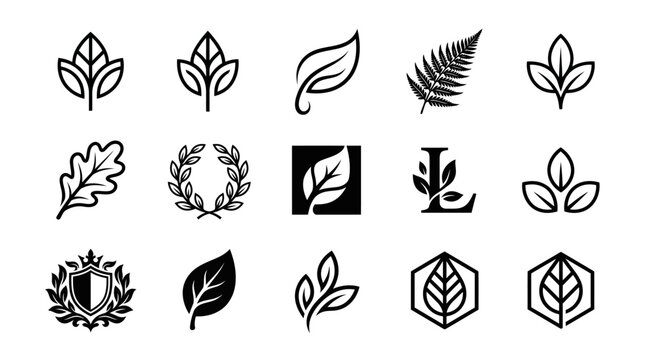 Collection of diverse leaf and nature-inspired logos and emblems.