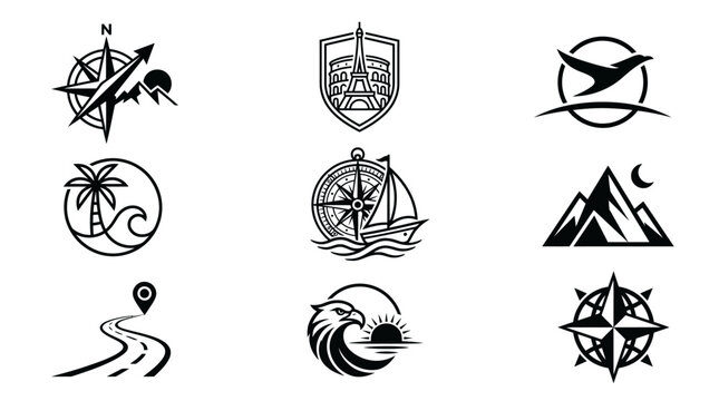 Collection of travel and adventure themed logos and icons.