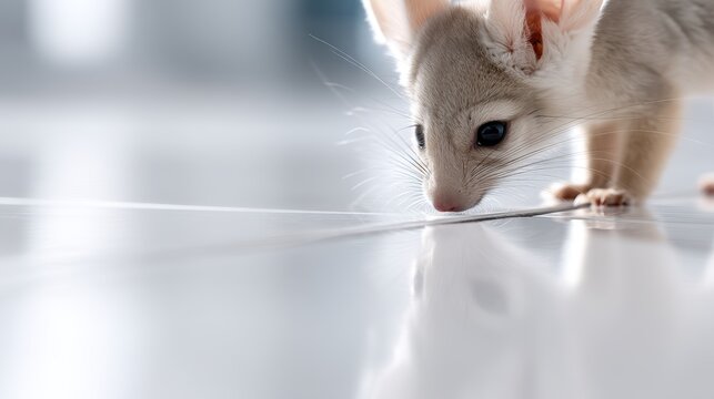 A small, light-colored mouse with large ears and a long tail stands on a reflective surface.