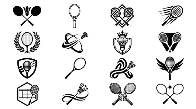 Collection of various badminton and tennis sport logos and emblems.