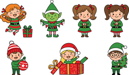 Fototapeta premium Cute Christmas Elves and Kids in Festive Holiday Costumes Character Set with Gift Boxes, Bauble, and Tree for Winter Greeting Card Vector Designs