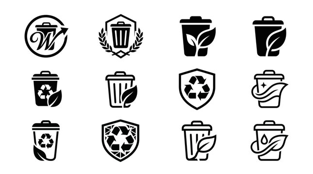 Set of trash can and recycle bin icons with leaves and shields.