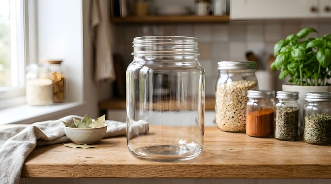 Empty glass jar on a wooden kitchen counter with spices and herbs in selective focus