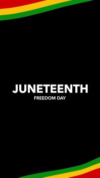 Juneteenth Freedom Day greeting text with wavy Pan-African colors corner frame on black background.