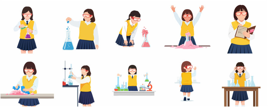Set of illustrations of a school girl character conducting various science and chemistry experiments in a laboratory