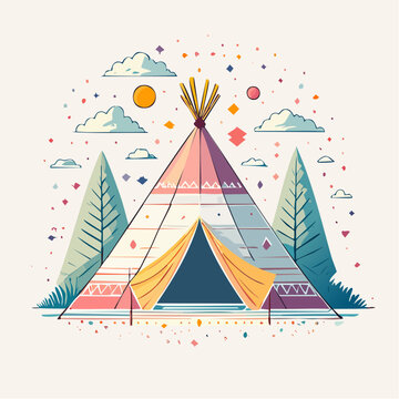 Bohemian Teepee Tent Illustration with Trees and Clouds