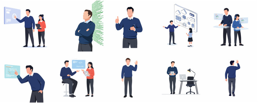 Vector illustrations set of programmers, software developers, and IT professionals working on cloud computing and coding