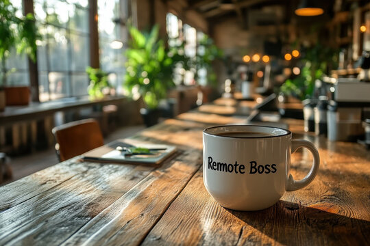 White coffee cup on wooden table.