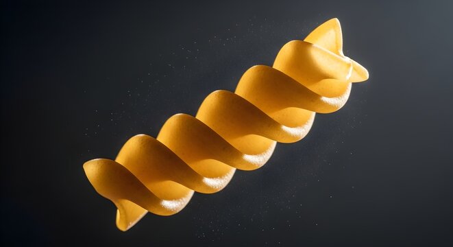 A single fusilli pasta on a dark background