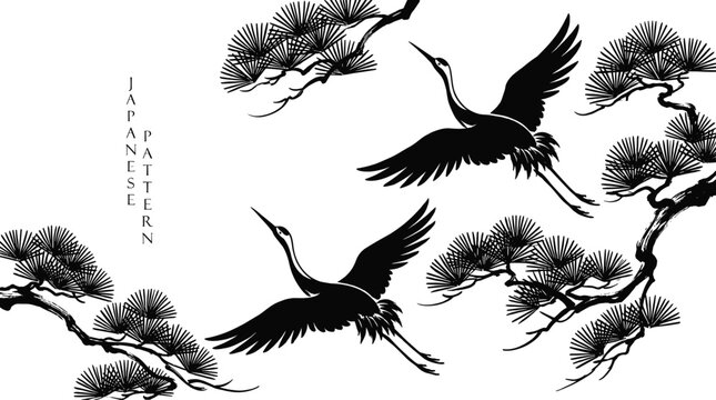 Traditional Japanese Style Vector Banner Featuring Flying Crane Birds and Pine Tree Branches in Black Silhouette Silhouette on White Background
