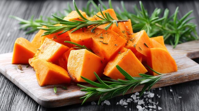 A wooden cutting board holds a pile of diced orange squash garnished with fresh rosemary.