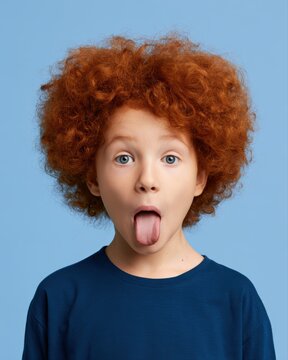 Funny redhead child making silly faces and playful expressions in studio