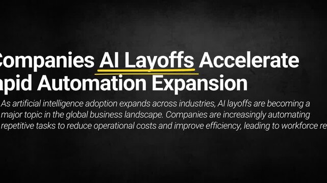 AI Layoffs typography animation with yellow underline on black grunge backdrop 4k animation. Layoff, ai, automation