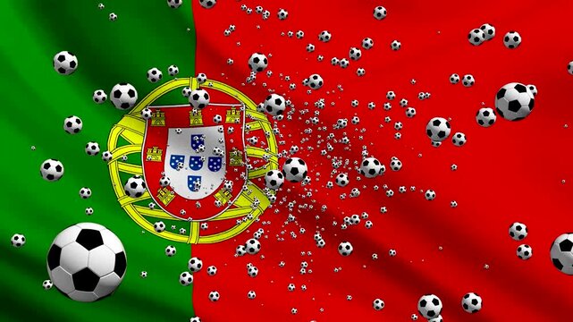 Portugal Flag Waving Background with Spinning Soccer Balls Loop