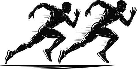 Dynamic sprint runner silhouette vector illustration with male and female athletes isolated background © Md