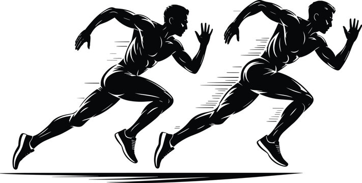 Dynamic sprint runner silhouette vector illustration with male and female athletes isolated background